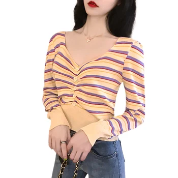 

Korean Style Colorful Stripe Pattern Knit Pullover Fashion Novel V-neck Button Decoration Sweater New