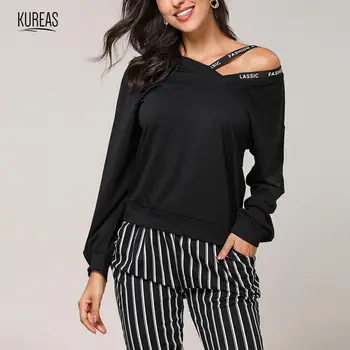 

Kureas Knitted Sweatshirt Women Sexy Off Shoulder Pullovers with Ribbon Casual Long Sleeve Hoodies Winter Autumn