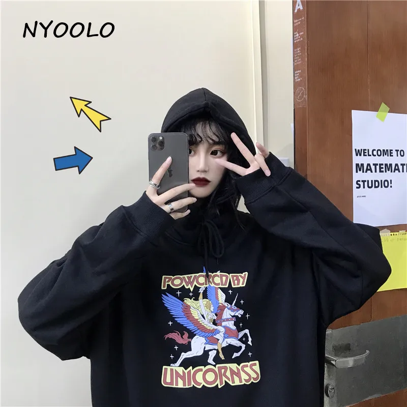 NYOOLO, Осень-зима, лошадиные крылья, с буквенным принтом, теплые толстовки, повседневные, уличные, свободные, плюс бархат, пуловер, толстовка с капюшоном, Женский Топ - Цвет: Черный