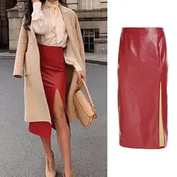 Женская юбка из искусственной кожи Осенняя Уличная Повседневная Офисная Рабочая одежда облегающая юбка-карандаш Высокая талия длинные