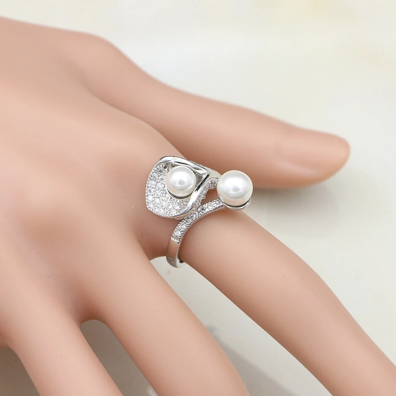925 Silver Bridal Jewelry Sets White Pearl Zircon  Women Wedding Pendant Drop Earrings Open Rings Morning Glory Necklace Set - 2