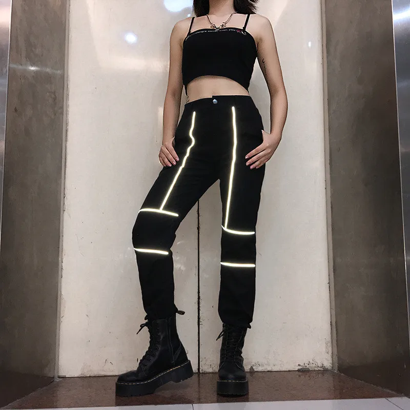 

Fashion Reflective cargo pants women Casual Solid color High Waist Button Fly Sweatpants Wild Belt Hip-Hop Active Trousers