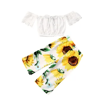 

Pudcoco USPS Fast Shipping 0-4 Years Summer Toddler Kids Baby Girl Summer Clothes Set Lace Crop Tops Sunflower Pants Set