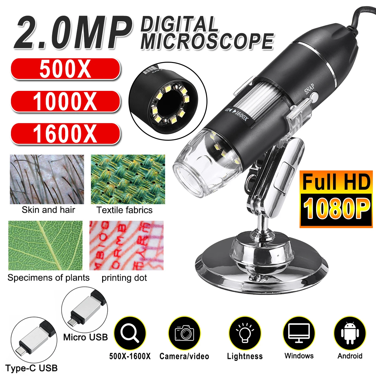 Регулируемый 1600X 2MP 1080P 8 светодиодный цифровой микроскоп Type C/Micro лупа USB