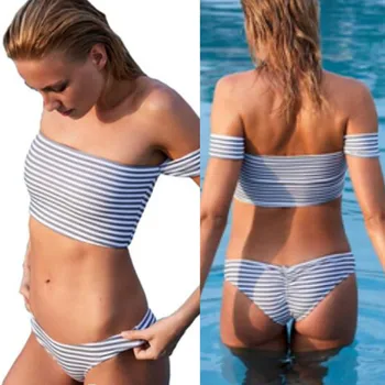 

New Bikinis Women Wrapped Chest Stripe Bikini Set Padded Bandeau Sexy Swimsuit Swimwear Suit Women Bikini Sexy