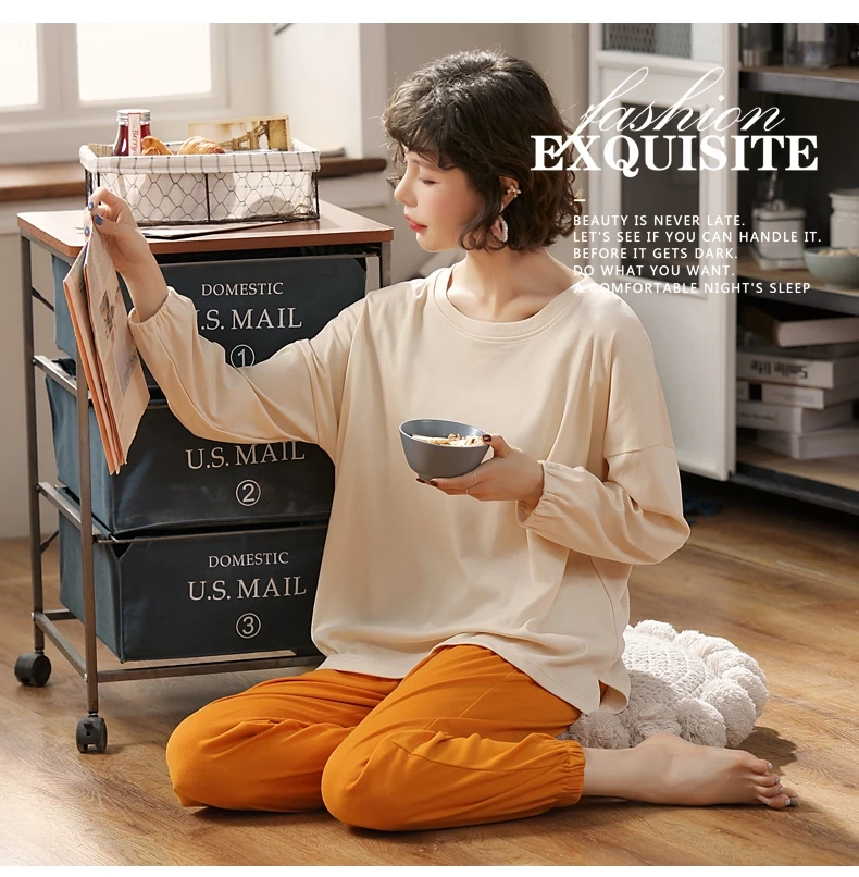 Пижамы женские хлопковые весенне-осенние новые 2 шт Женская домашняя одежда корейский Свободный размер минималистичный стиль с завязками на лодыжке шикарный женский пижамный комплект
