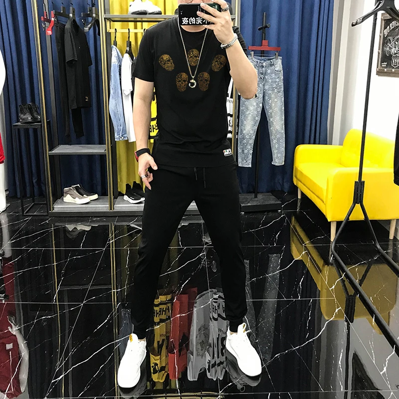 Skull Fitness Slim Round Neck Cotton T-Shirt Fashion Youth Sets Men's New Style Tracksuit Street Short Sleeves