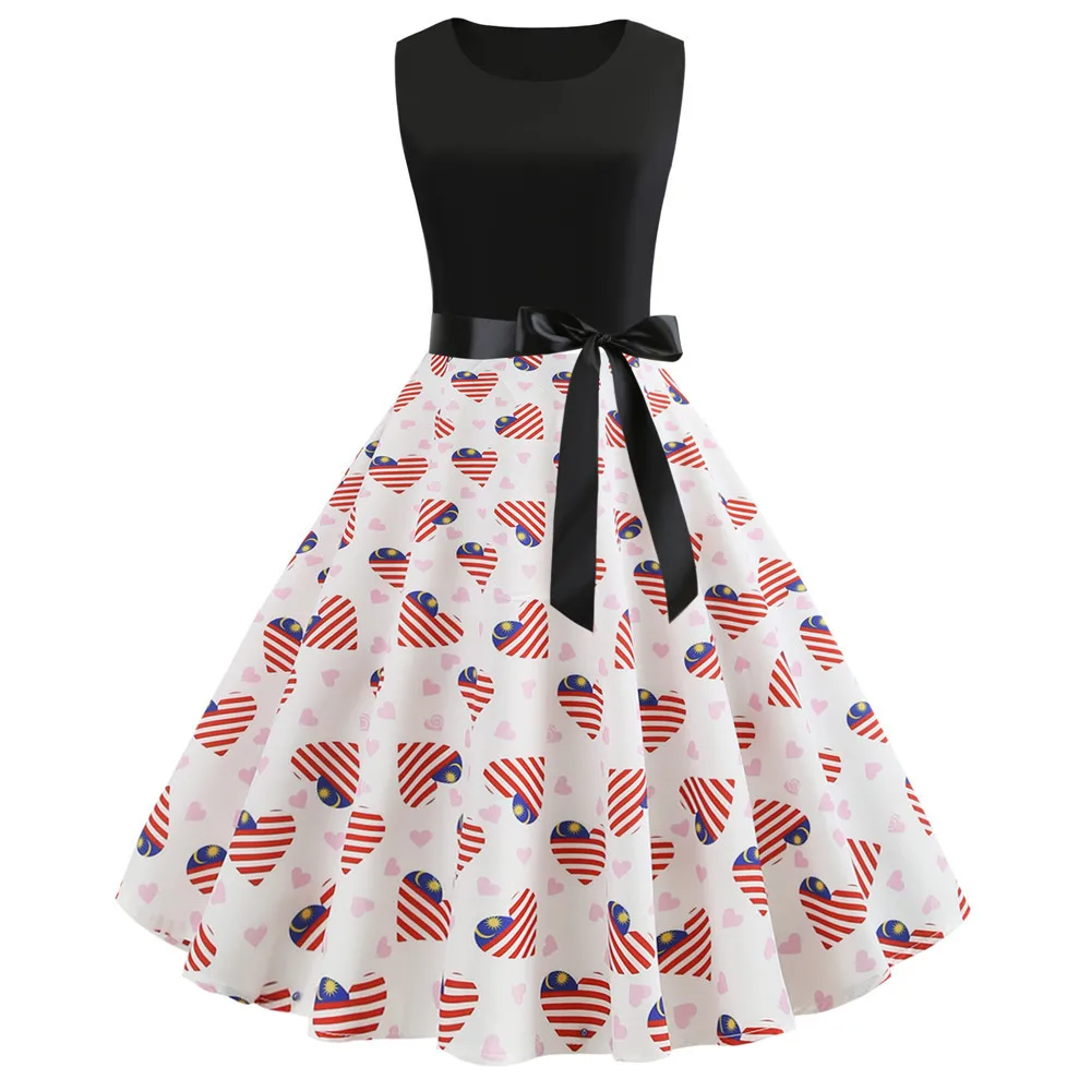 

Woman Plus Size A-Line Dresses Vintage Elegant Printing Dresses Fashion Youthful Sweet Sundress Party Gown Vestidos with Sashes