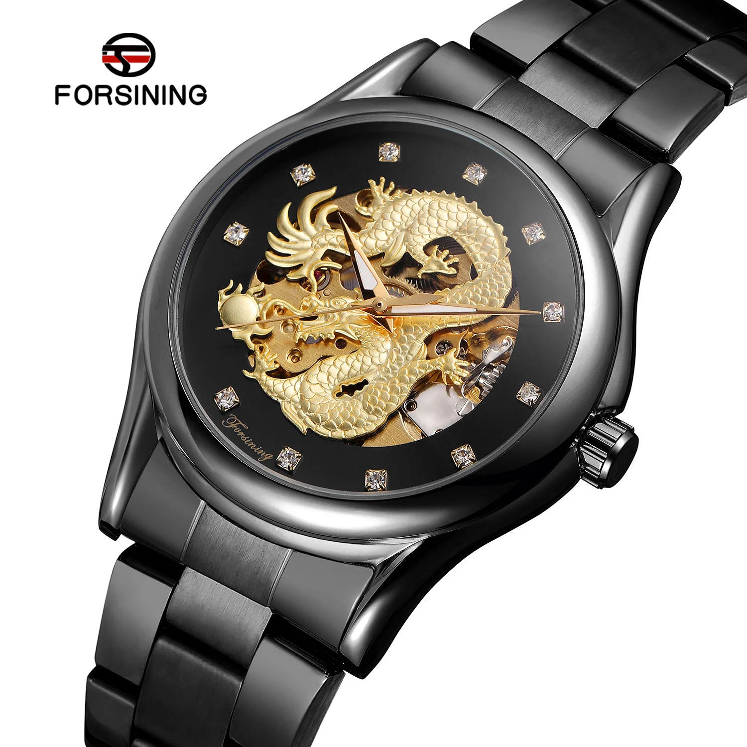 Forsining подлинный продукт мужские полностью автоматические механические наручные часы повседневные выдалбливают дракон дизайн стальной ремень Механические мужские