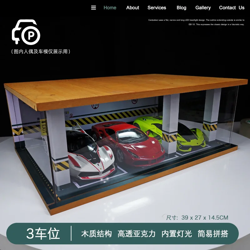1/24 Simulation Car Model Parking Lot Garage Scene Acrylic Dust Cover DISPLAY Box with Light Wooden Storage 6