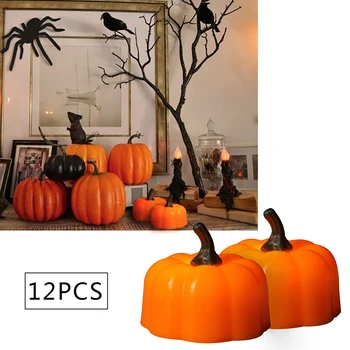

12Pcs LED Pumpkin Lamp Halloween Pumpkin Tealight Candle Yellow Flash Ghost Candles Halloween Decoration Pumpkin Candle Lamp