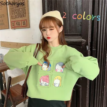 

Women Hoodies Autumn Winter Kawaii Trendy Plus Velvet Womens Oversize Daily Leisure All-match Printed O-neck Simple Fitted Chic