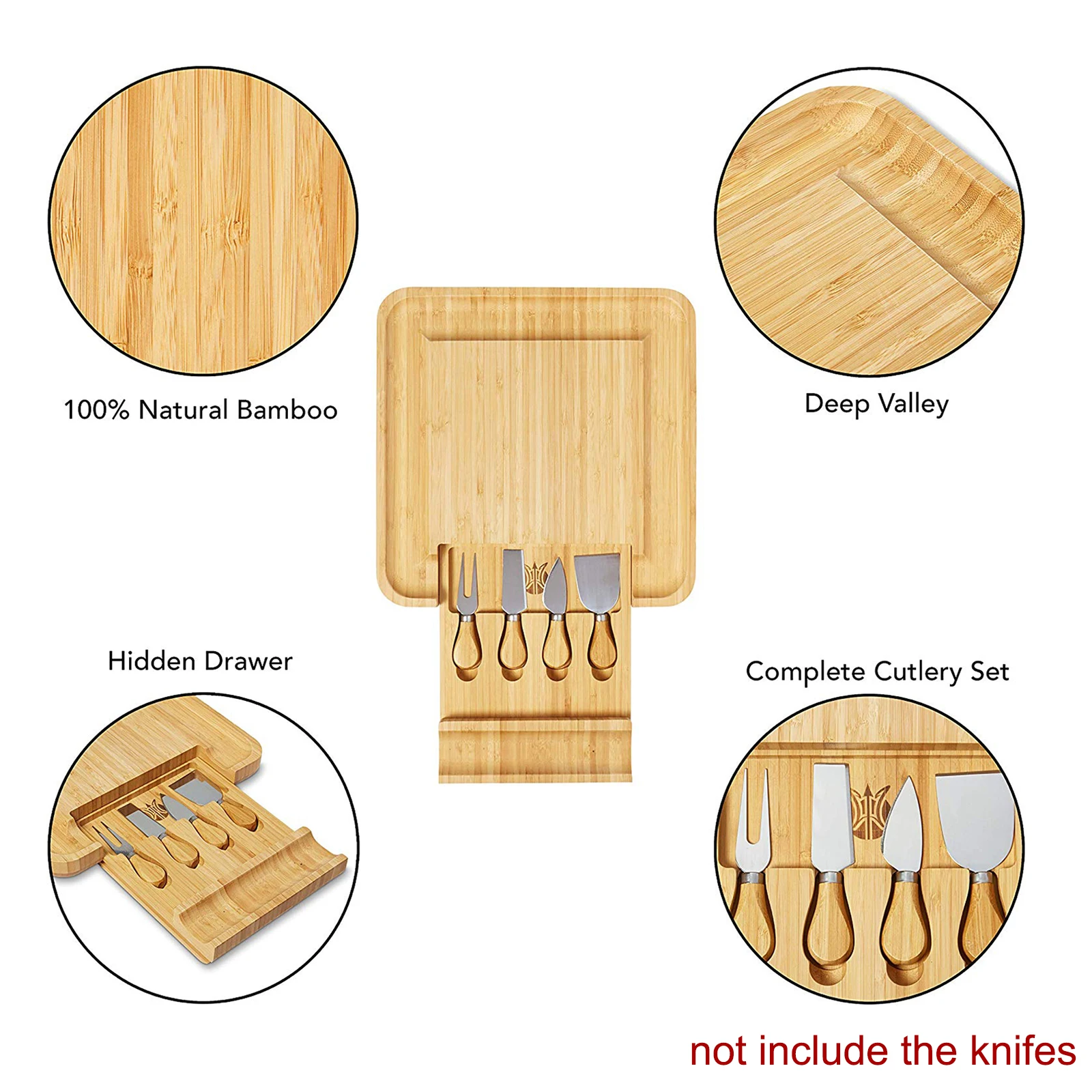 Wood Bamboo Cheese Cutter Knife Slicer Sets Kit Kitchen Board Charcuterie Platter & Serving Tray For Wine Crackers Useful Tools