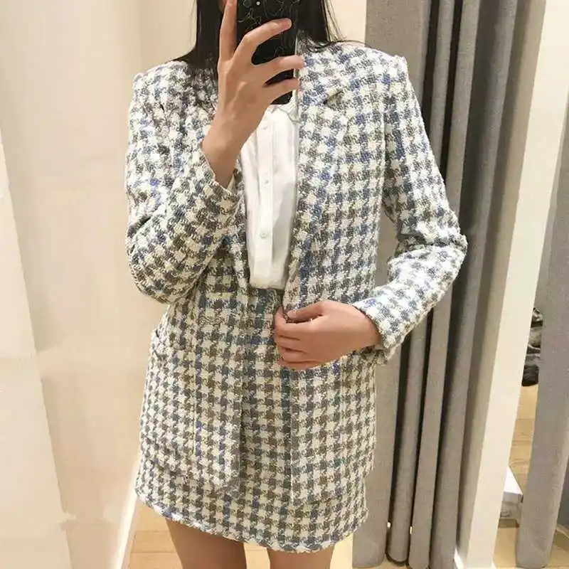 

2020 Early Spring Plaid Houndstooth Blazer Women's Single Button New Office Lady Suit Coat Jacket Outwear Top
