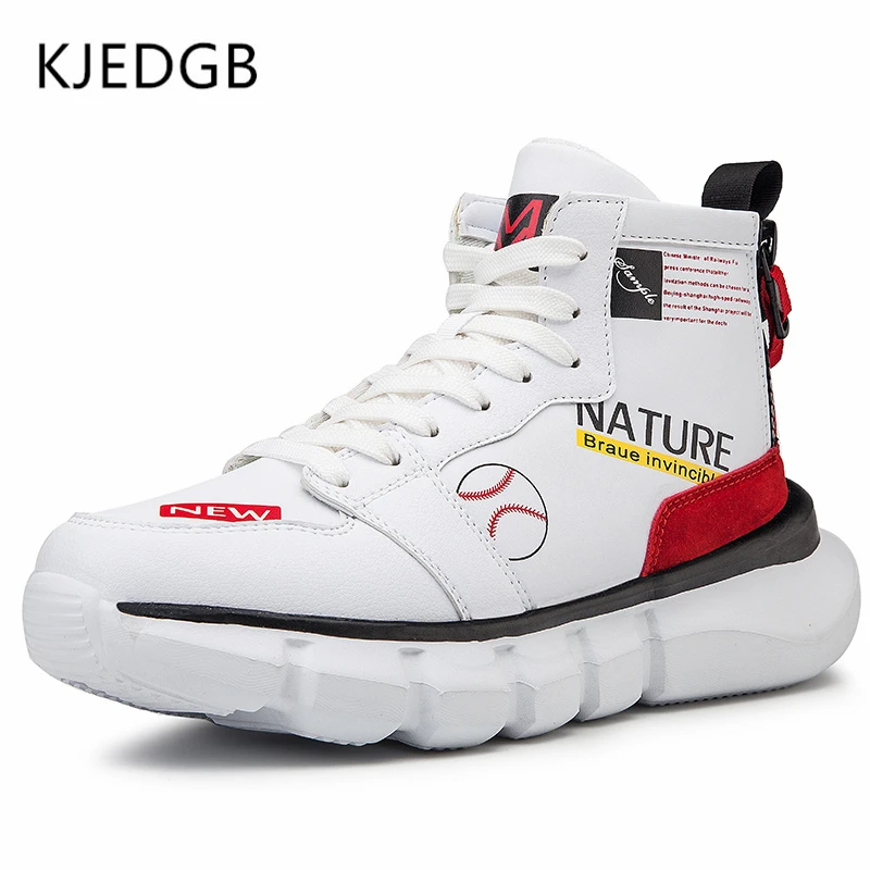 White Red KJEDGB/ дизайн; сезон осень-зима; мужская повседневная обувь с высоким берцем; кроссовки из искусственной кожи на толстой платформе с двойной молнией; мужская обувь - Цвет: White Red