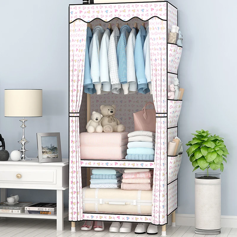 

Wardrobe simple and simple economical fabric solid wood single small bedroom rental cloth wardrobe