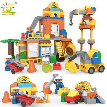 

TOYS 128pcs Construction Site Big Building Blocks Kit Duploed Engineering Figures Truck Bricks for Children