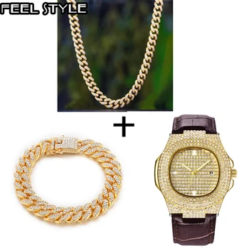 

Necklace +Watch+Bracelet Bling Iced Out Miami Zircon Cuban Full Pave Rhinestone Men Bracelet Necklace For Men Jewelry
