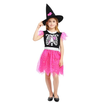 

Girls vampire witch Kid Halloween Costume Sparkly Silver Stars Printed Carnival Cosplay Dress with Pointed Hat Dress Up Clothes