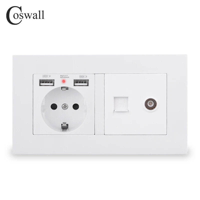 COSWALL Европейская настенная розетка с заземлением и 2 USB-портами скрытая мягкая