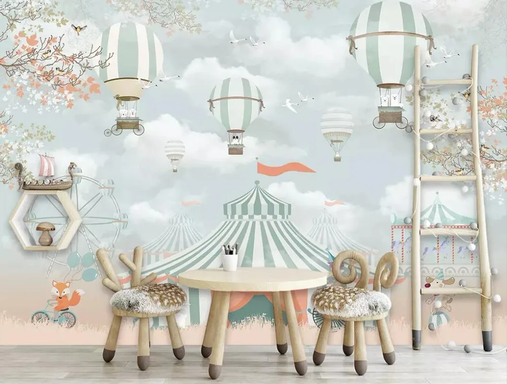 Diantu Mural wallpaper cartoon hot air balloon circus background children room boy girl bedroom background mural 3d wallpaper