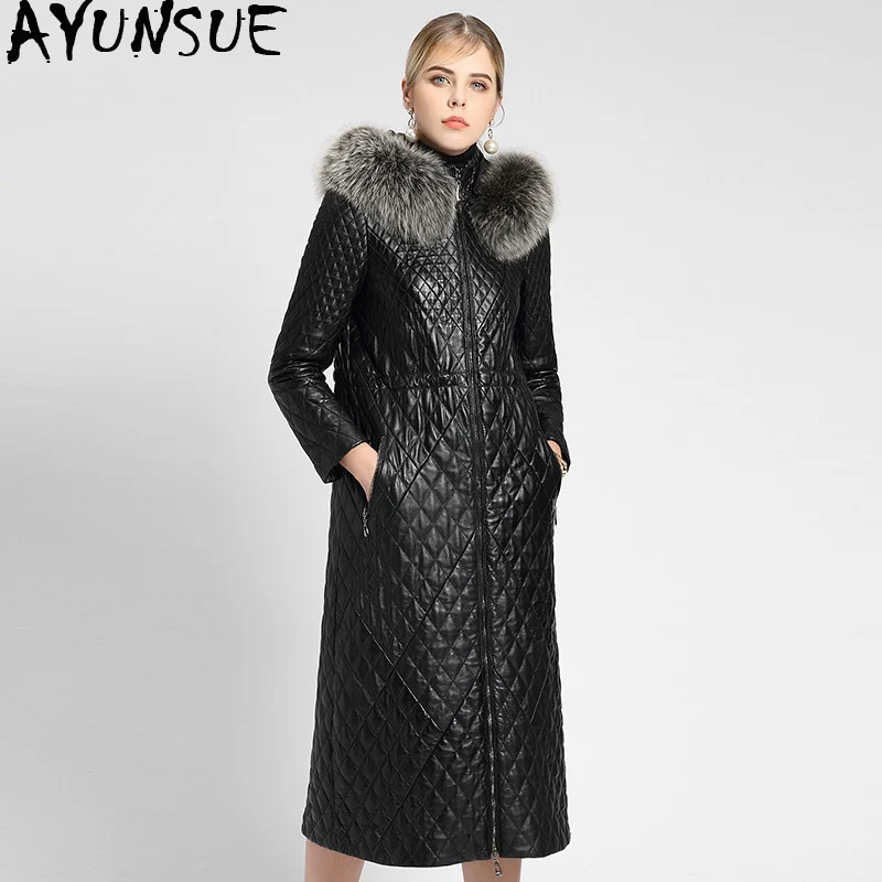 

AYUNSUE 2019 Genuine Leather Jacket Women Real Fox Fur Collar Long Sheepskin Coat Leather Jackets Parka Cuero Genuino 6077 J3062