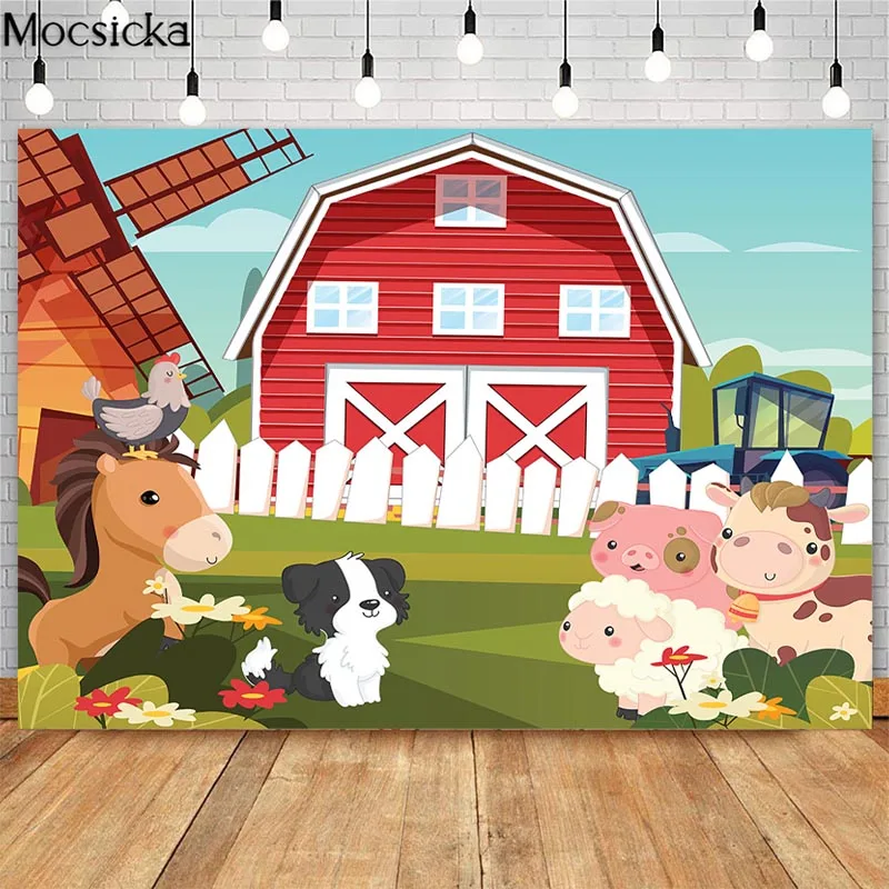 

Mocsicka Farm Theme Baby Shower Birthday Party Photography Background Animal Red Barn Windmill Decorations Banner Backdrops