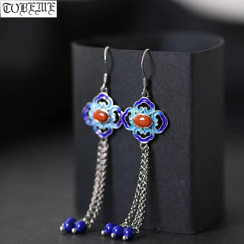 

100% 925 Silver Bohemia Earrings 925 Sterling Agate Lapis Lazuli Women Earrings Charming Earrings