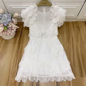 

high quality women white embroidery Dresses Summer girls sweet ruffles hollow out o-neck Elegant Designer mini Dress S114