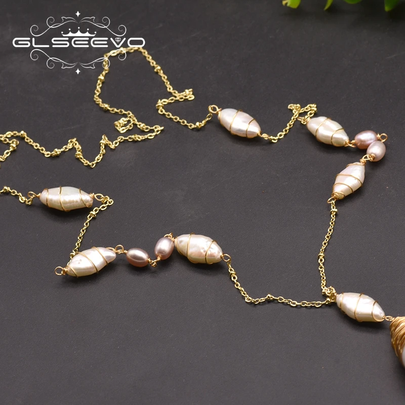 GLSEEVO, натуральный пресноводный белый жемчуг, Длинная подвеска, ожерелье для женщин, девушек, влюбленных, подарок на помолвку, аксессуары, Mujer GN0159