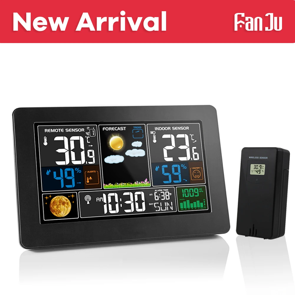 FanJu Digital Outdoor Thermometer Hygrometer Alarm Clock Home Wireless Sensor Weather Station Calendar Comfort Desk Table Watch |