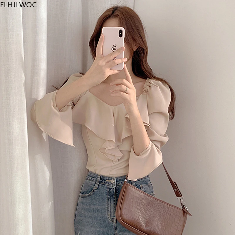Ruffled Tops And Blouses Autumn Fall Basic Wear Flare Sleeve Chic Korean Fashion Shirts Black Off Shoulder Women Top Blusas 5