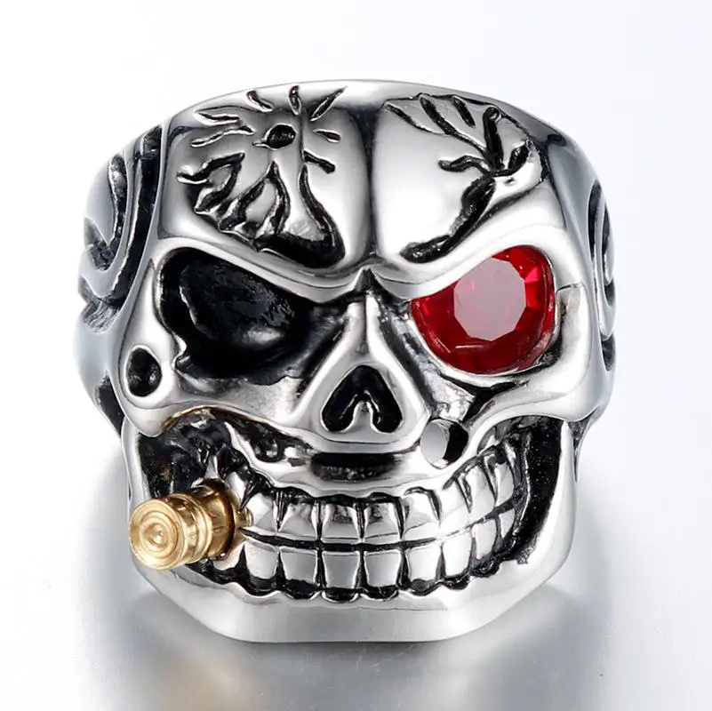 Stainless Steel Ring Finger Ring Men's Hip Hop Punk Red Eye Skull Bite Bullet Jewelry