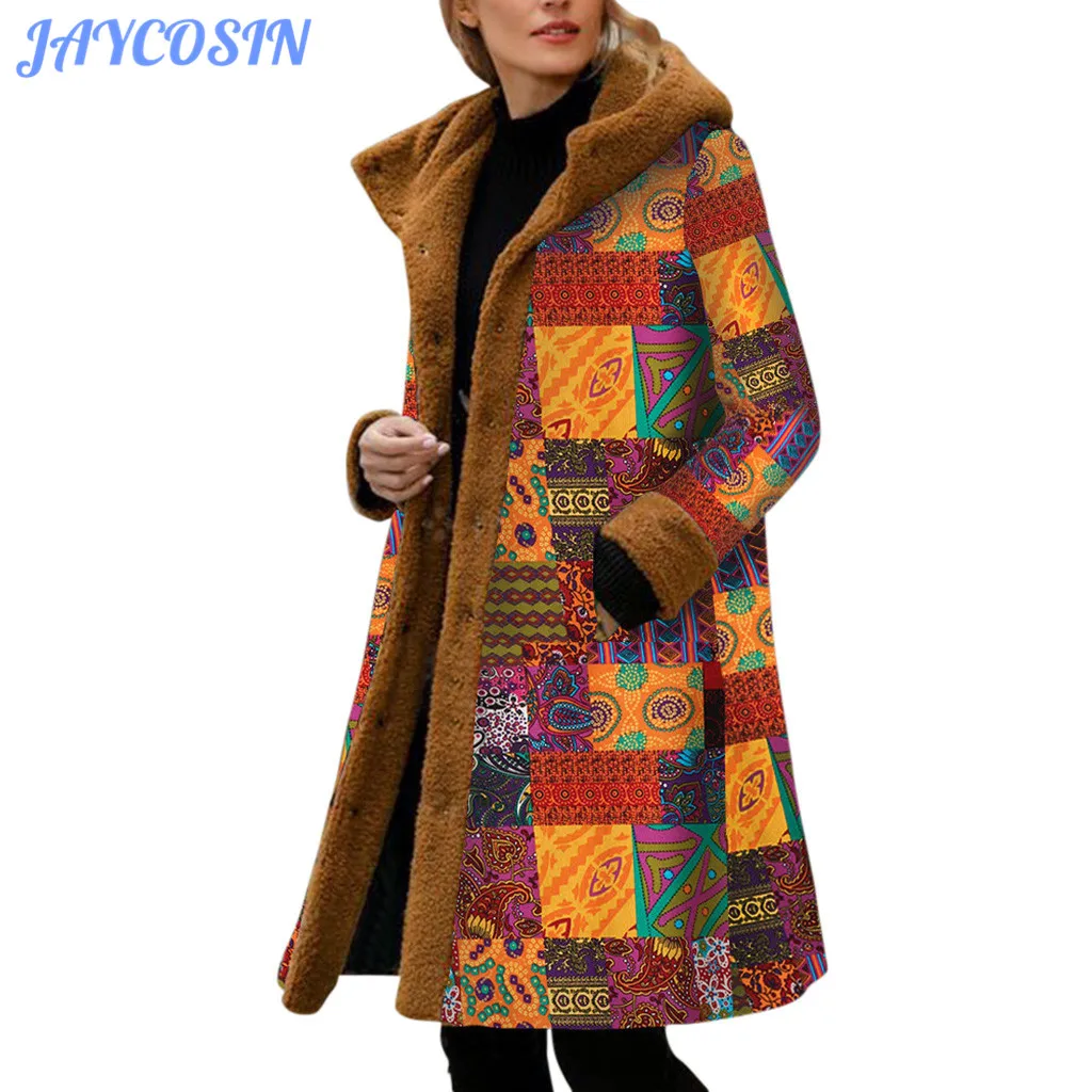 Одежда JAYCOSIN женская с винтажным принтом на пуговицах флисовое пальто капюшоном