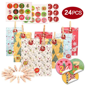 

Advent Calendar Gift 24 pieces Kraft paper bag,1 piece of stickers Contains 24 stickers ,24 pieces,1 wooden clamps ,hemp rope