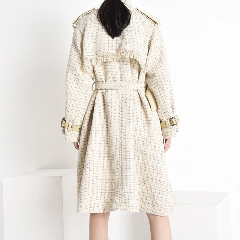 [EAM] Women Plaid Tweed Big Size Trench New Lapel