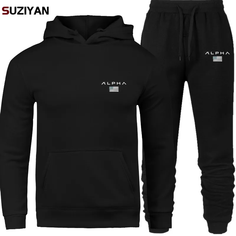 Мужские наборы с принтом Alpha Sweatsuit, спортивный костюм, брендовый спортивный костюм, спортивный костюм, Большой размер, мужская спортивная одежда, куртки с капюшоном и штаны - Цвет: SET01-ALPX