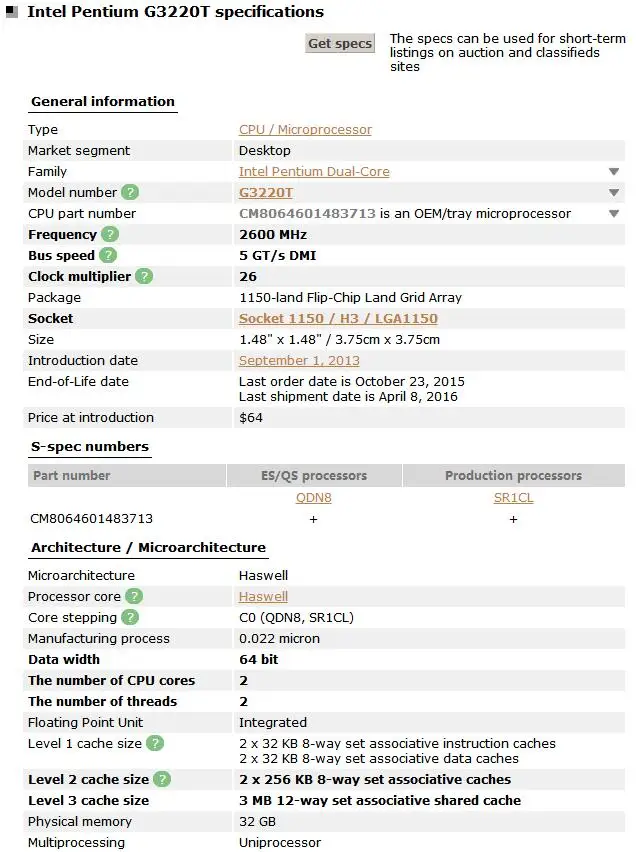 Процессор Intel Pentium G3220T LGA 1150 22 нанометра двухъядерный процессор для настольных ПК протестирован рабочий