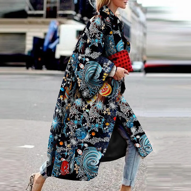 Vintage Print Women Long Trench Coat Autumn Winter Long Flare Sleeve Jacket Casual Turn-Down Collar Loose Outerwear Windbreaker