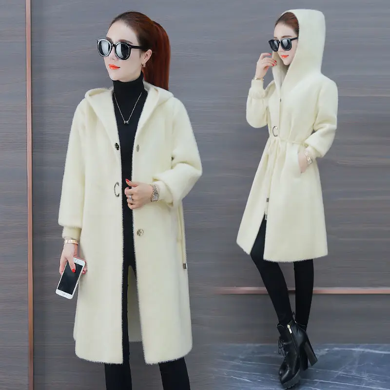

Imitation mink velvet jacket female medium length 2019 new winter loose thickening jumper sweater coat knitted cardigan