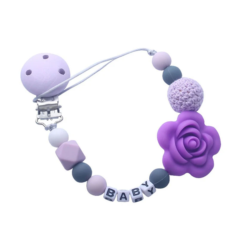 Purple Зажим-держатель для детской соски, цепочка, силиконовые бусины, пищевая соска, цепочки, розовый детский прорезыватель, цепочка для прорезывания зубов, игрушки - Цвет: Purple
