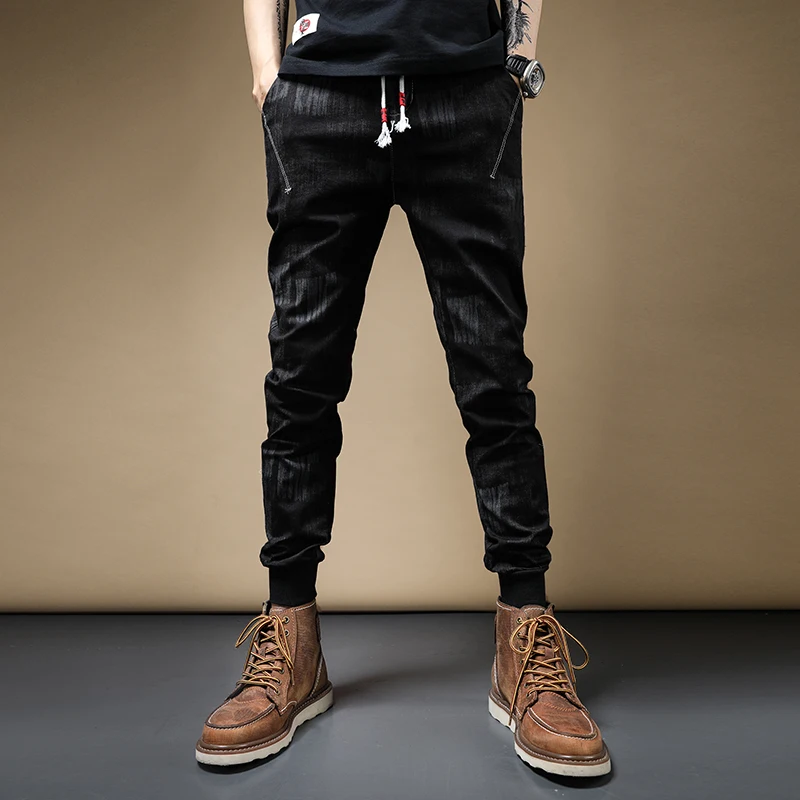 Men's Jeans 2020 Autumn Fashion Stretch Slim Fit Denim Trousers Black Camouflage Elastic Waist Drawstring Pants