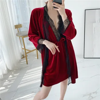 

Lace Perspective Lady Twinset Robe Suit Velour Sleepwear Nightgown Mini Casual Kimono Bathrobe Gown Autumn Sexy Home Clothing