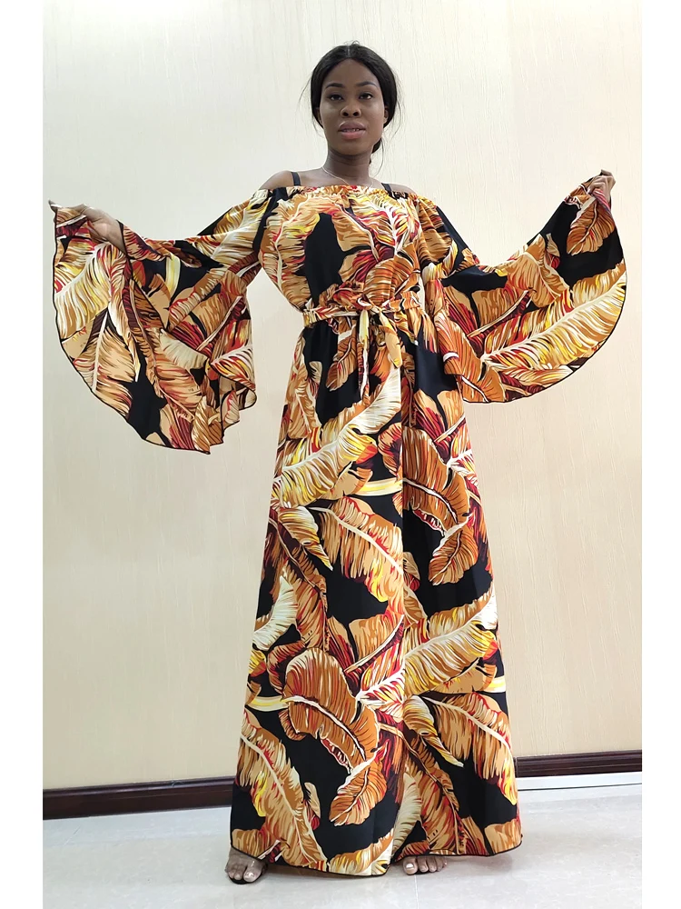 Африканский рукав бабочки Дашики платья женские осенние с открытыми плечами длинное платье - Цвет: Brown