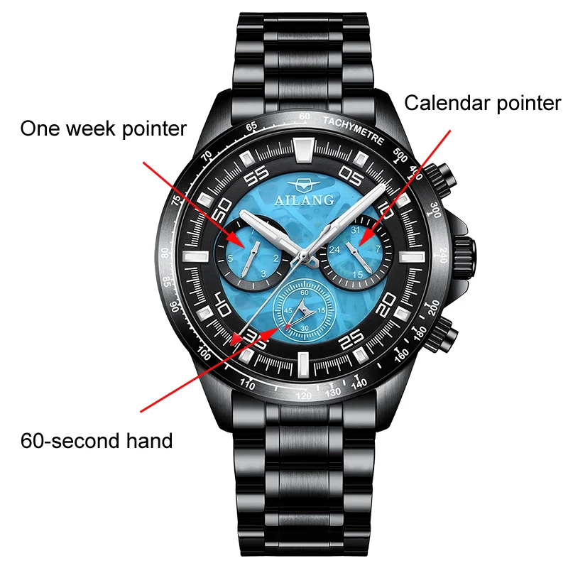 AILANG Black Steel Men Sports Watch Automatic Mechanical Military Watches Man Clock High Quality Men's Watch Reloj Hombre