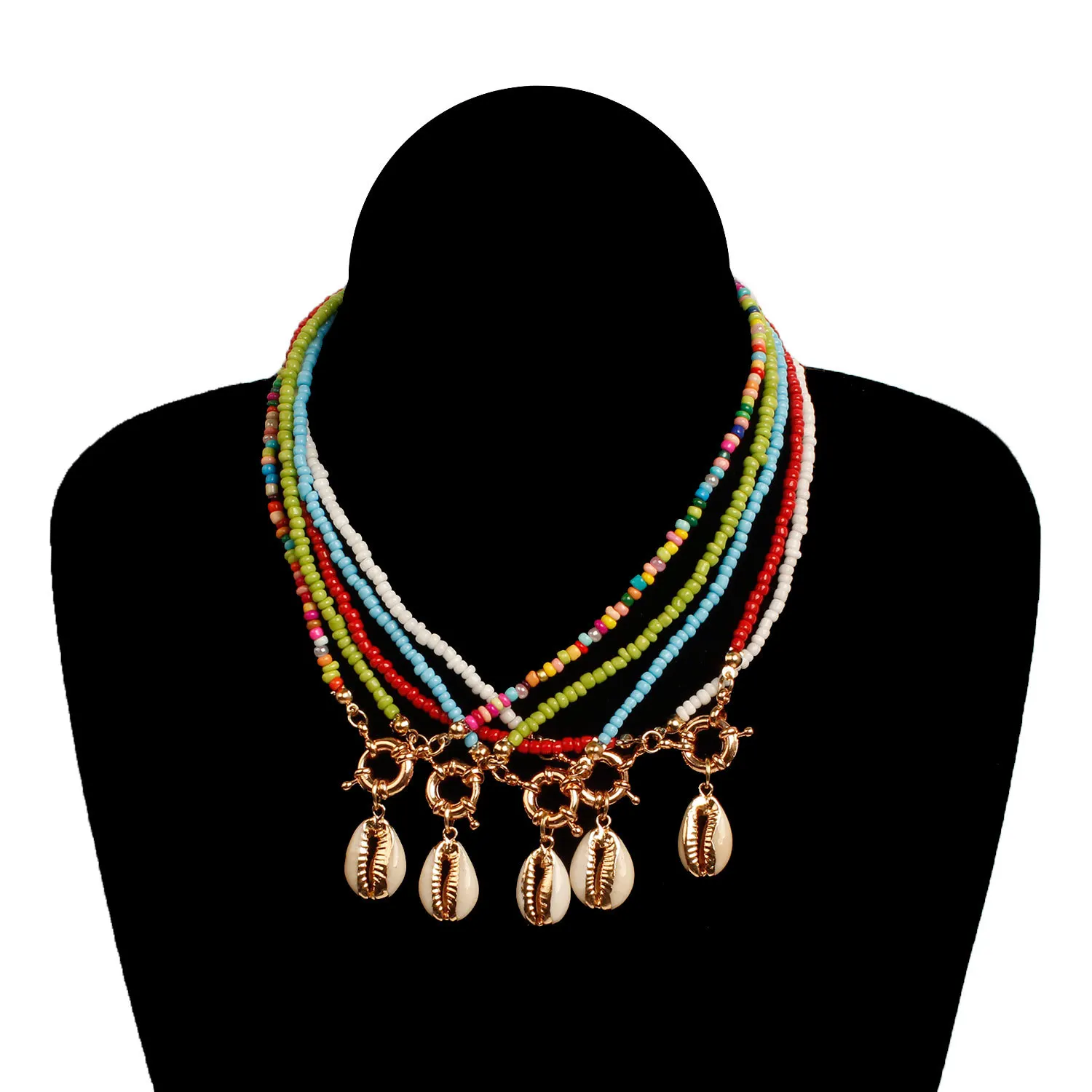 

5 Pcs/ Set Hand Woven Colored Rope Beads Shell Pendant Necklace Chain Fashion Round Circle Gold Alloy Clavicle Necklace