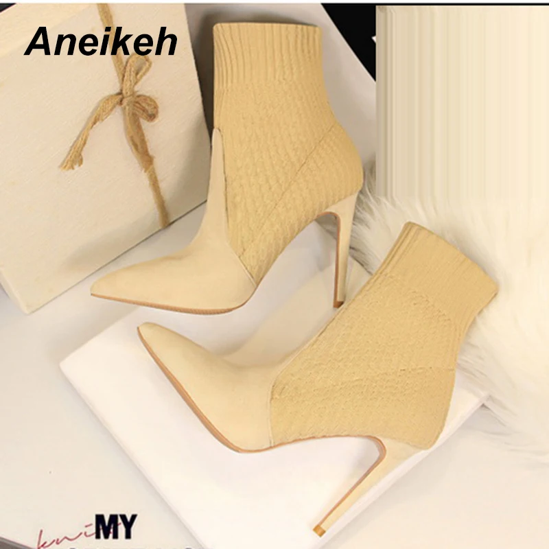

Aneikeh Fashion Stretch Fabric ANKLE BOOTS Pointed End Boots Shoes Woman Thin Heels High Heels Chelsea Riding, Equestrian Botas