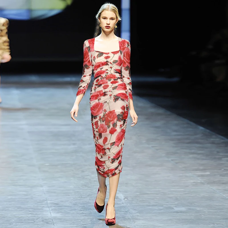 

Floral Print Draped Sexy Bodycon Women Dress High Elastic Waist Long Party Vestidos Elegant Fashion Square Collar Dresses Female