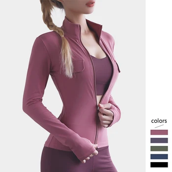

Women Jacket Sports Full Sleeve with Thumb Hole Skinny Coat Slim High Collar Sportswear with Zipper Mujer Running Fitness Tops