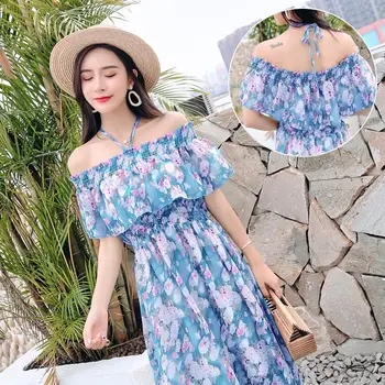 

A word shoulder chiffon dress fashion pleated floral posed super vacation fairy elegant and pure and fresh and long beach dress